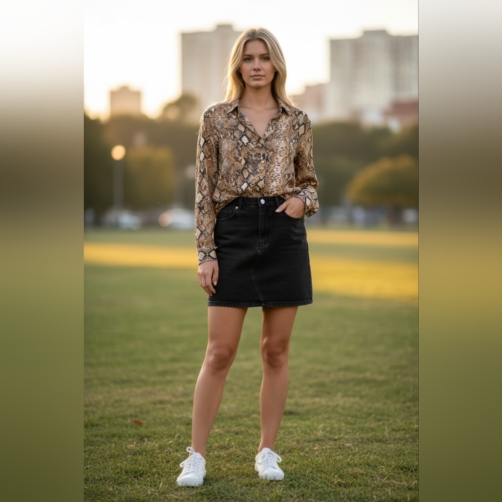 Entire Outfit blouse snake print half button flowy & Black Skortz Jean Skirt